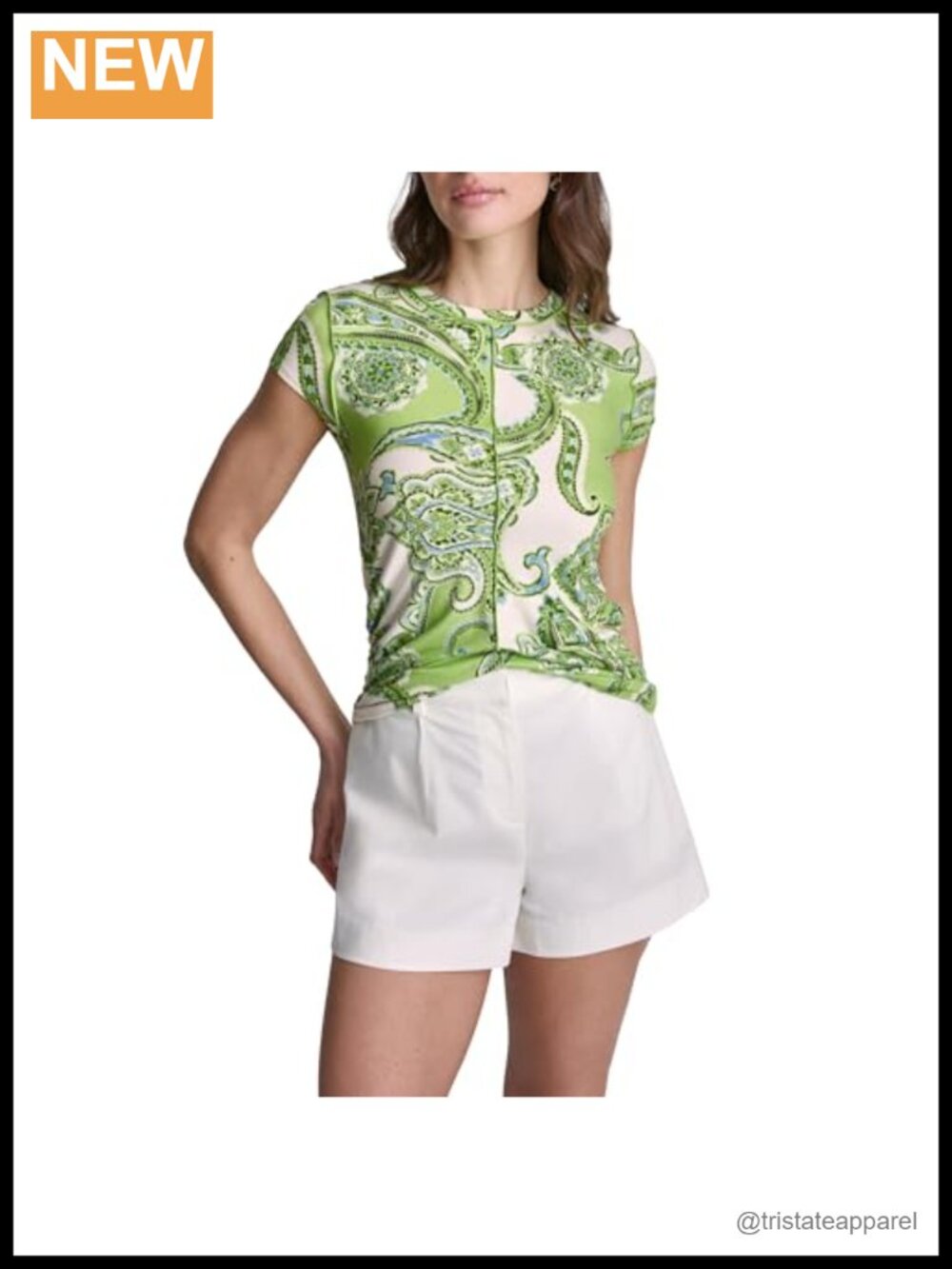 BCBG Printed Cap Sleeve Center Seam Stretch Top 95% Rayon 5% Spandex